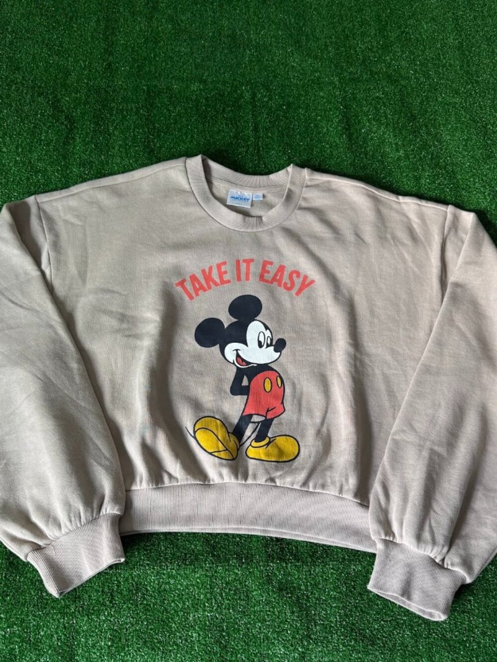 Disney Mickey Mouse Cropped Boxy Sweatshirt Beige Graphic Pullover Women's XXL